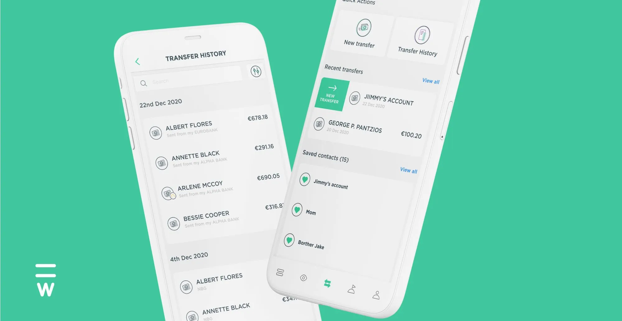 Waiz app mockiup showing transfer history and recent contacts.