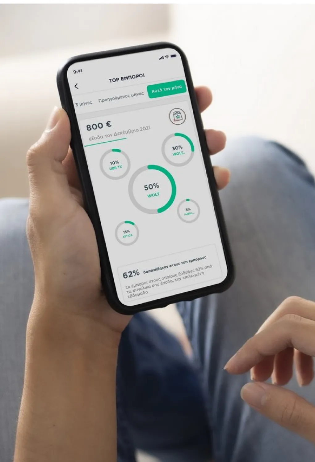 Waiz app showing spending chart with percentages by vendor.