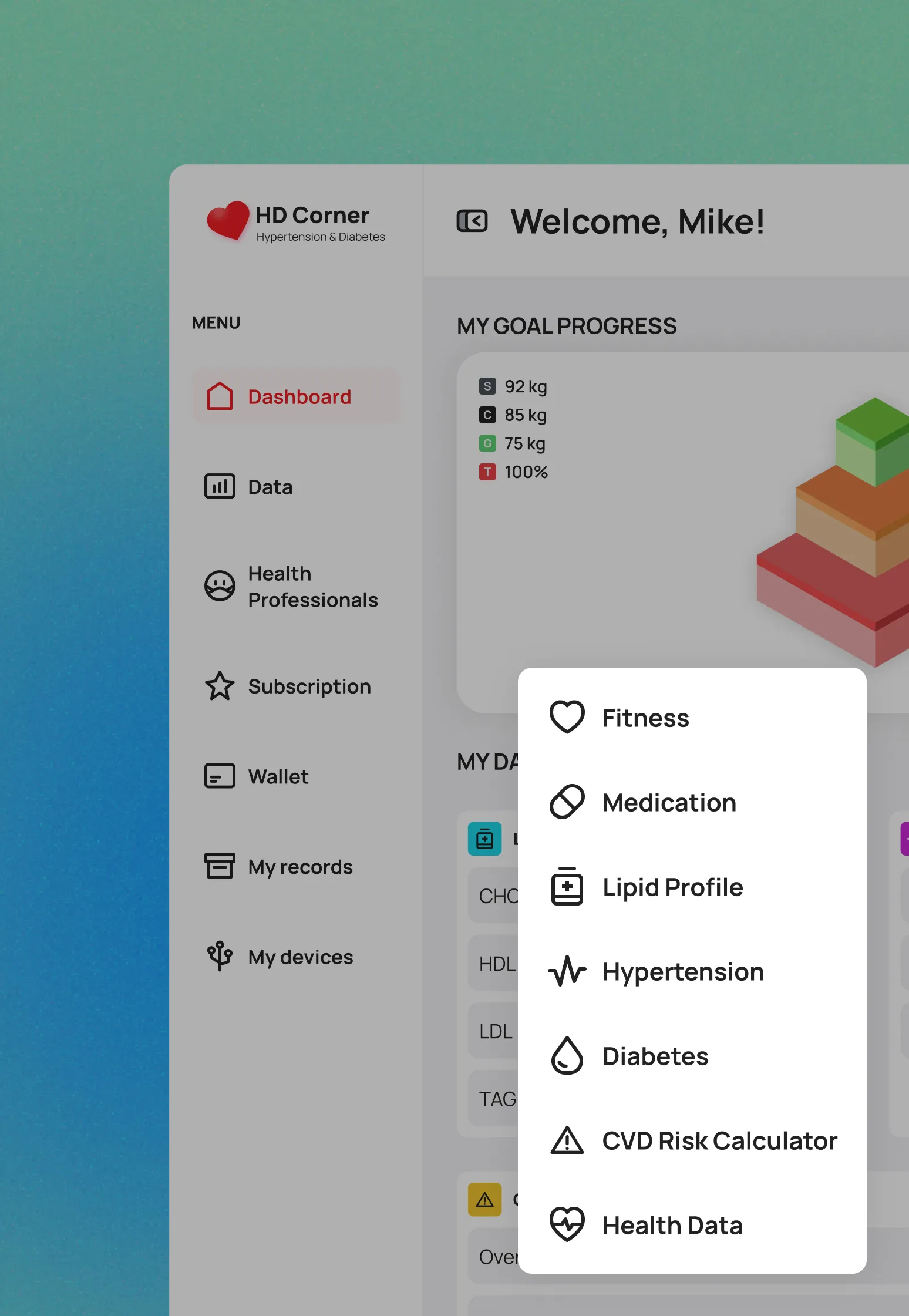Doctor dashboard with category dropdown for health metrics.