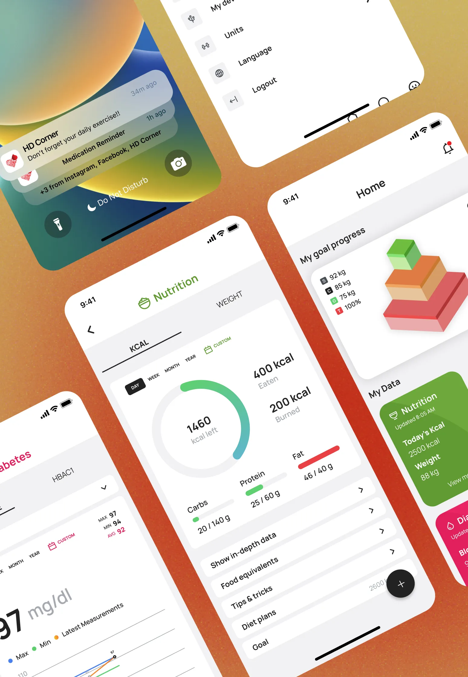 Multiple app screens showing nutrition, notifications, and goal progress.