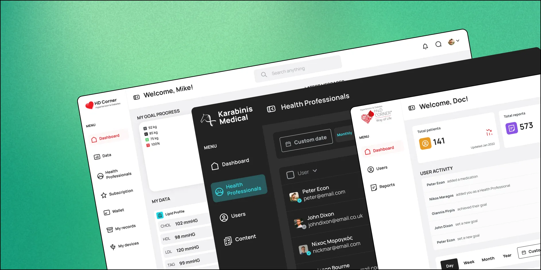 Health dashboard for doctors showing patient list and activity.
