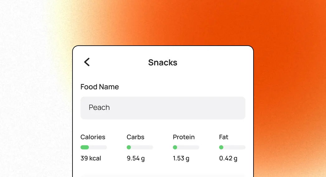 Nutrition info for a peach including calories, carbs, protein, and fat.