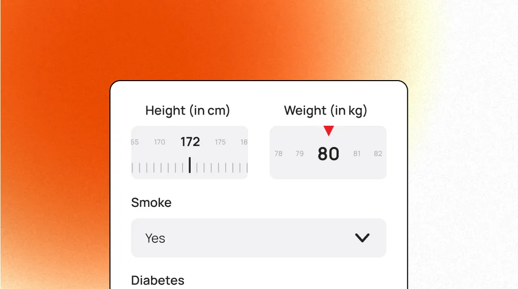 Health input screen with height, weight, smoking, and diabetes fields.