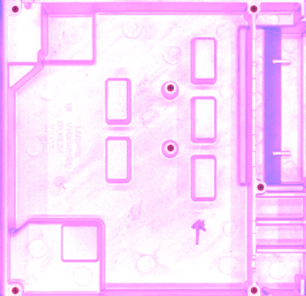 Color-enhanced view of casting part showing inspection points.