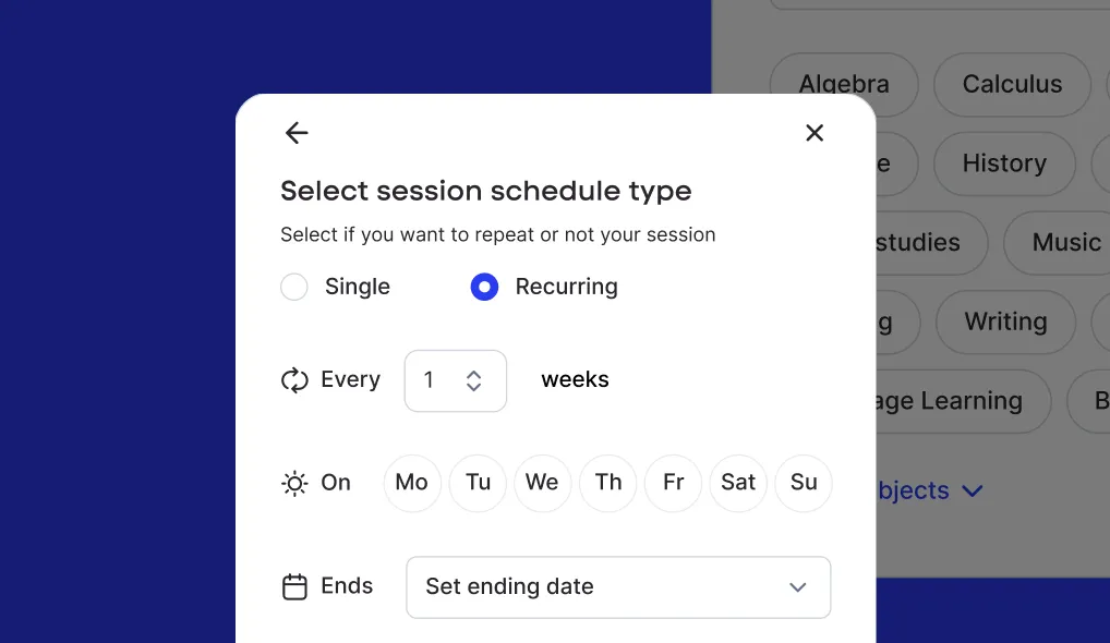 Session scheduler with options for single or recurring meetings.