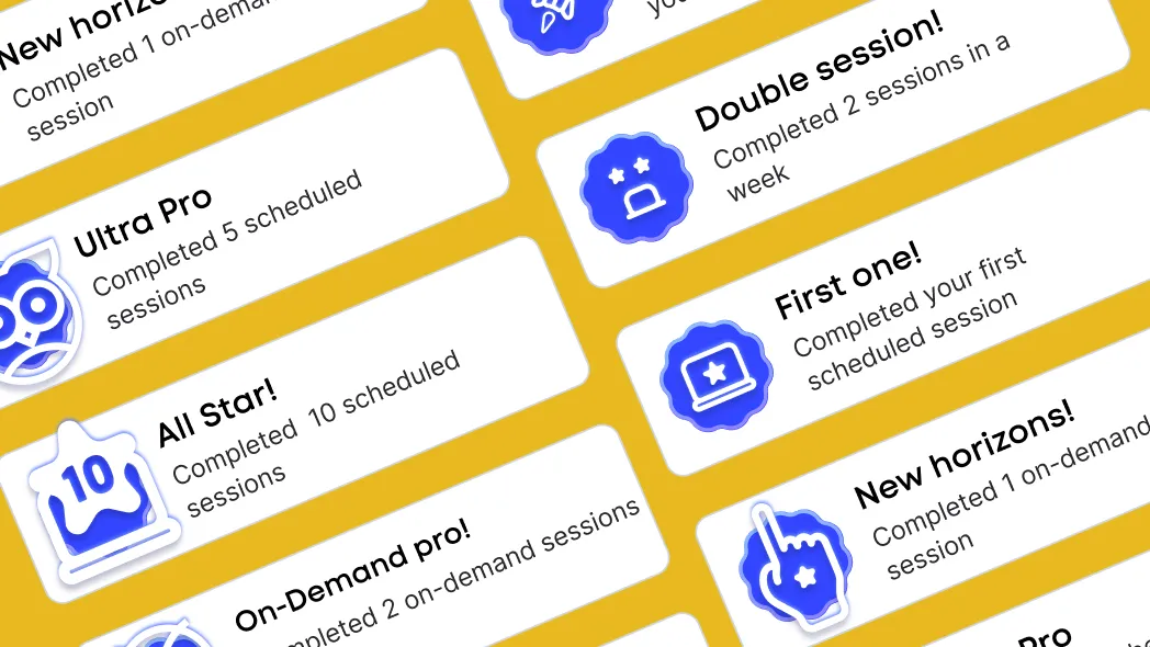 Grid of blue reward badges for completed sessions.
