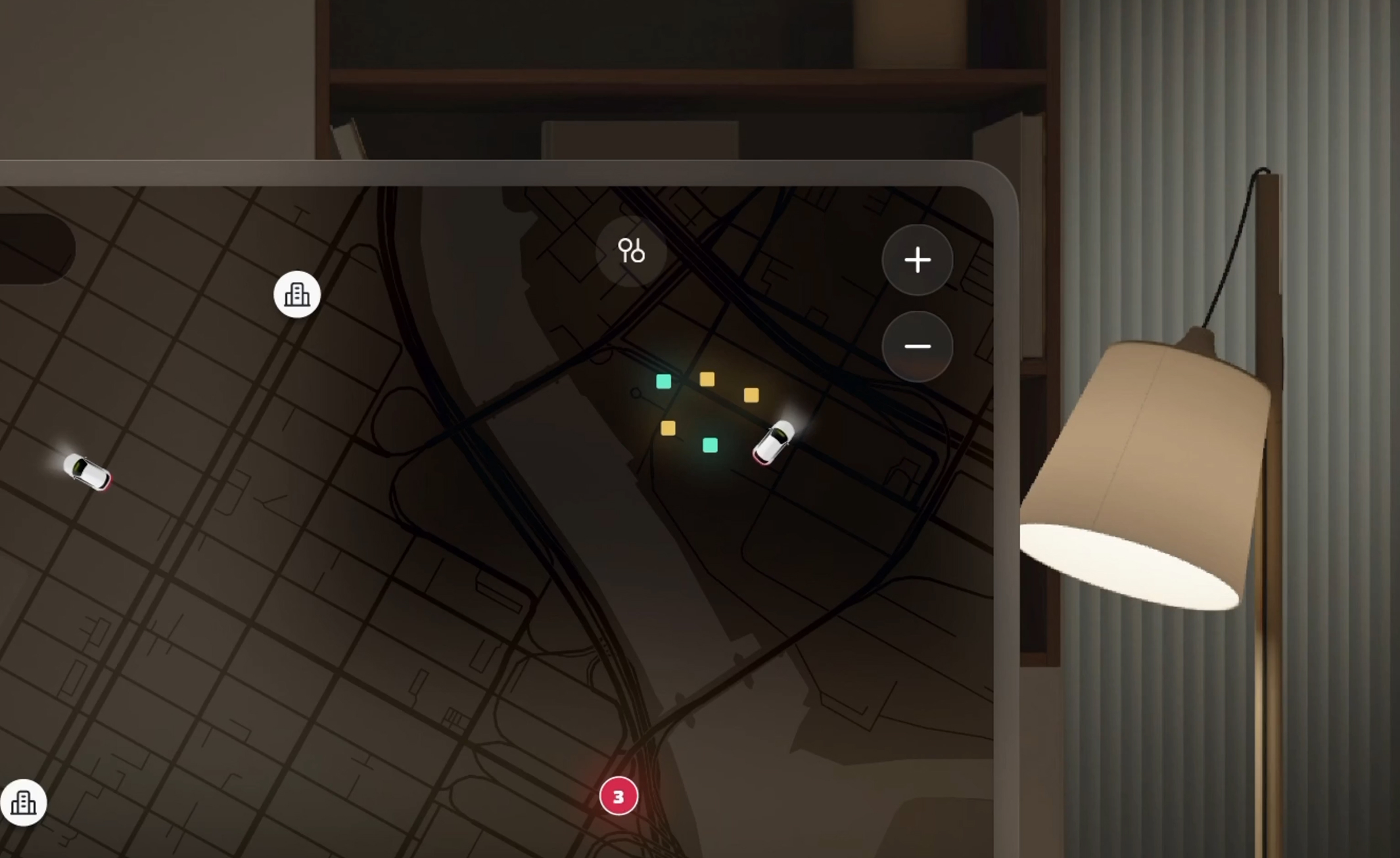 Laptop screen showing AVP map with a car and location markers.