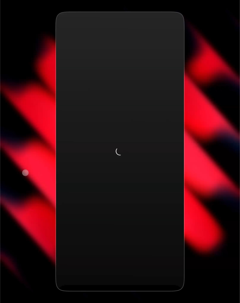 dark-themed smartphone interface with animated loading icons, set against a dramatic red and black abstract background.