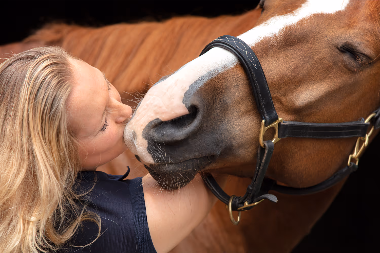 Woman with blonde hair gently kissing the muzzle of a brown horse with a white stripe and black halter.