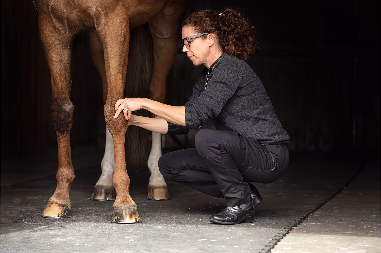 Veterinarian crouching and examining a horse's front leg in a dimly lit stable.