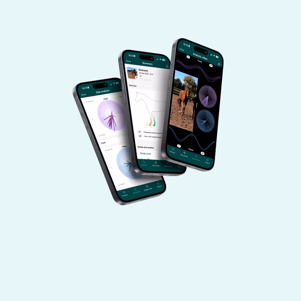 Three smartphones displaying a horse gait analysis app with graphs, a horse outline, and a video of a horse walking outdoors.