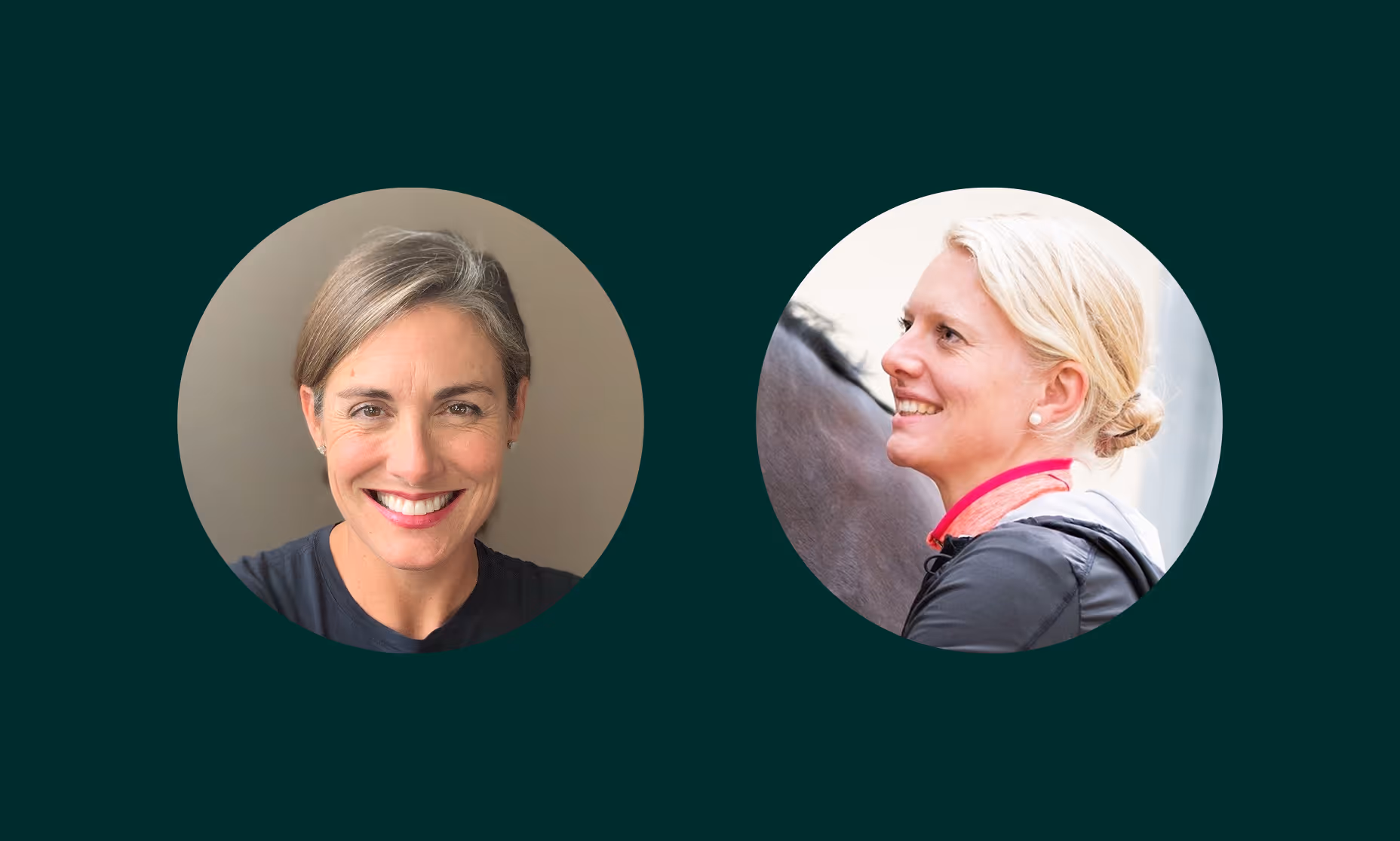 Two circular portraits: one of a smiling woman with light brown hair, and the other of a smiling woman with blonde hair tied back, next to a horse.