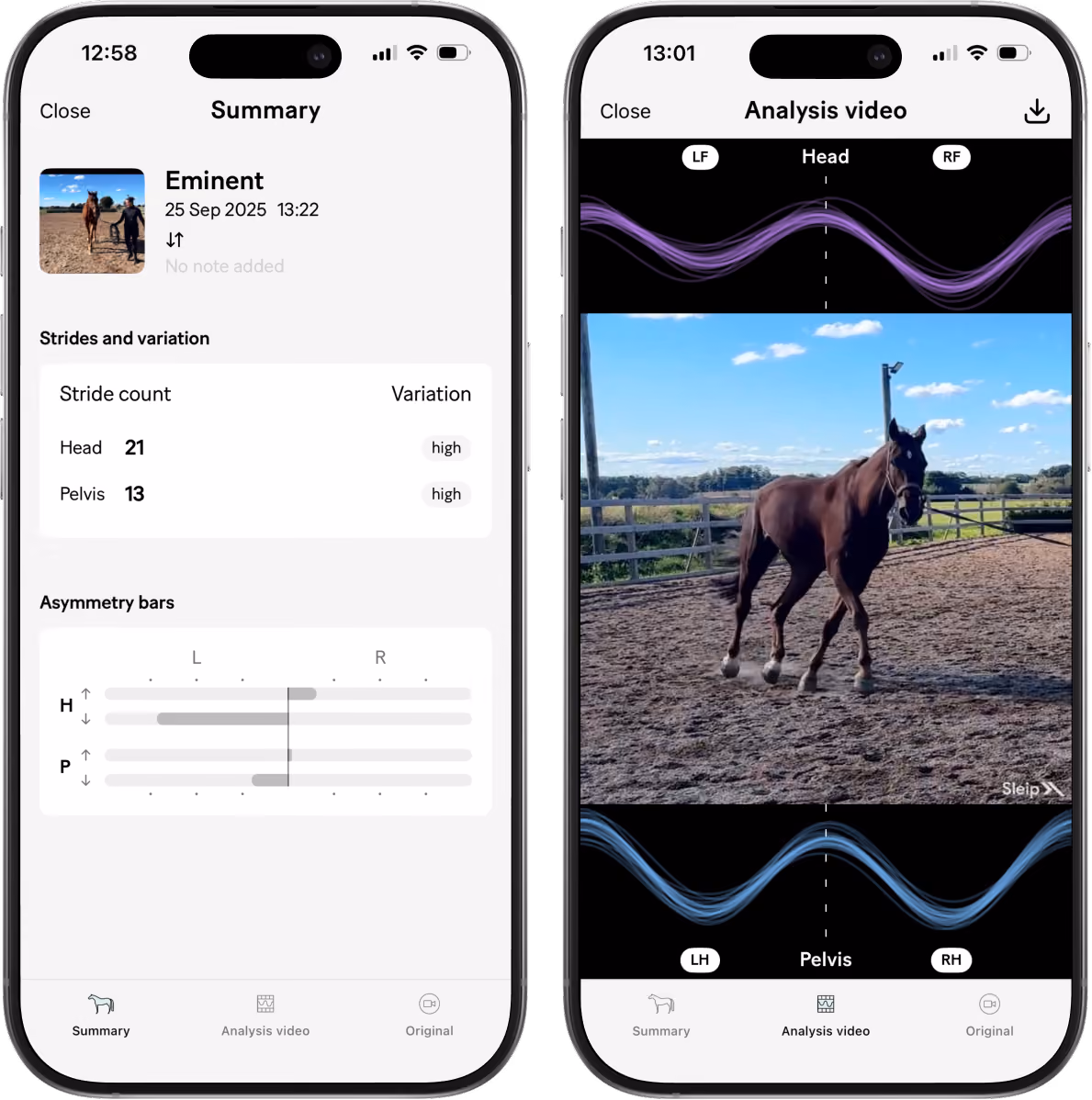 Two phone screens: left shows horse gait summary with stride counts; right shows horse video with motion analysis graphs.