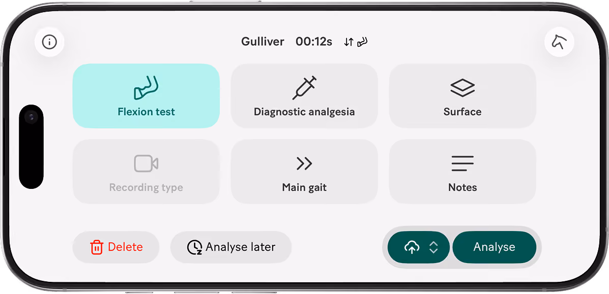 Smartphone screen displaying the Sleip app interface with options including Flexion test, Diagnostic analgesia, Surface, Main gait, and Notes; Flexion test is highlighted. There are buttons for Delete in red, Analyse later, and a green Analyse button.