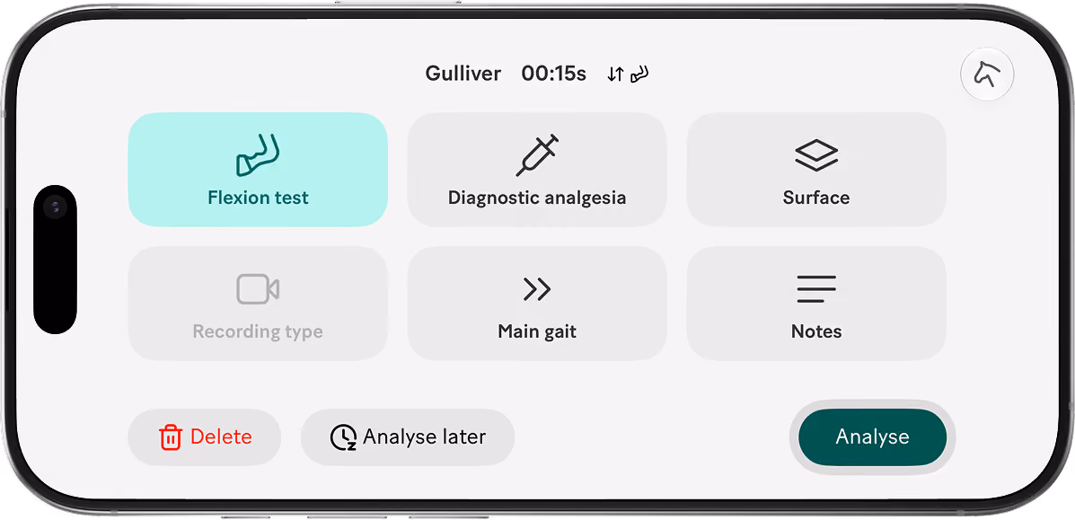 Mobile app screen showing options for medical analysis, including highlighted Flexion test, Diagnostic analgesia, Surface, Main gait, Notes, and Recording type, with buttons to Delete, Analyse later, and Analyse.