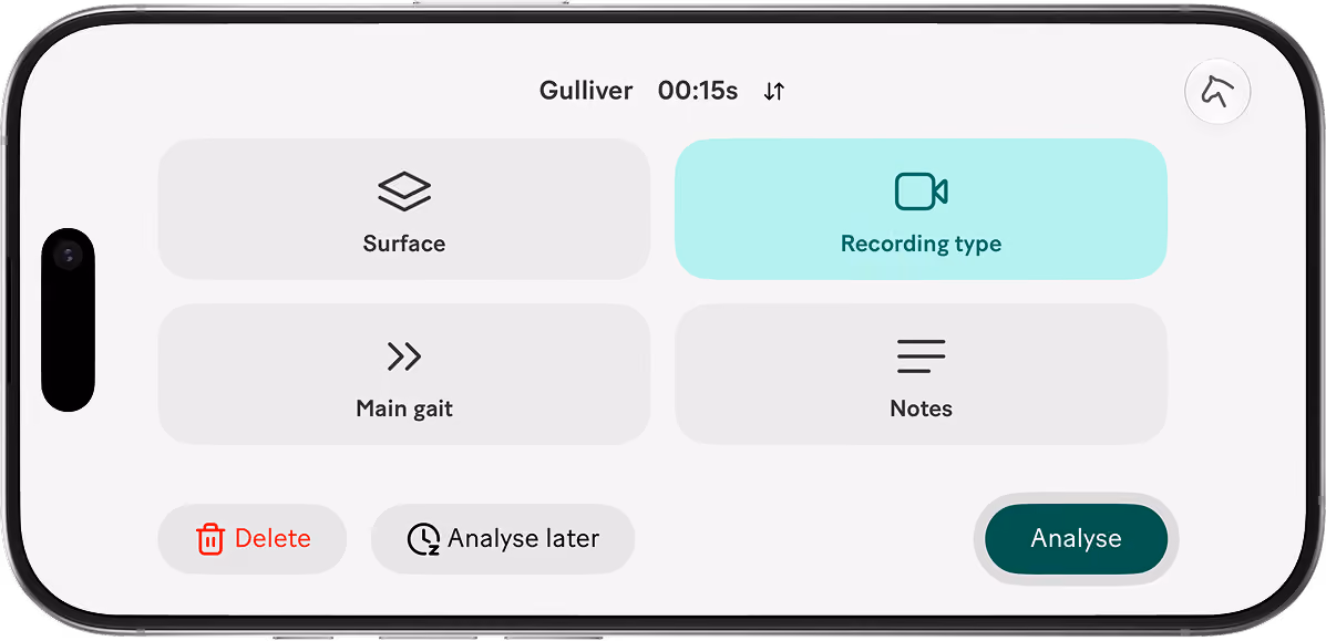 Mobile app interface showing gait analysis options with buttons labeled Surface, Recording type, Main gait, and Notes and buttons Delete, Analyse later, and Analyse.