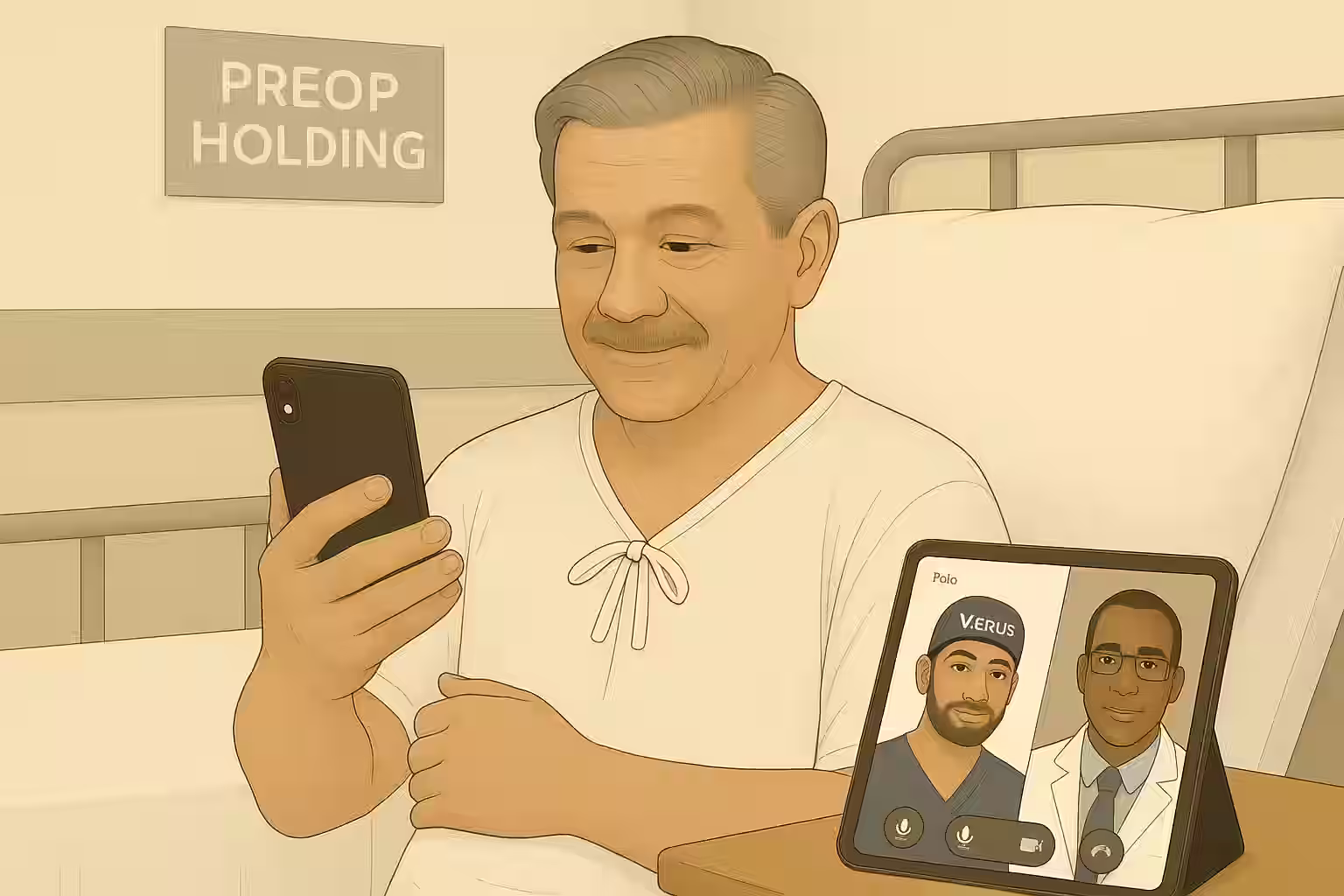Male elderly patient sitting by hospital bed in pre-op holding area for heart surgery, looking at his mobile phone, tracking his concierge service.