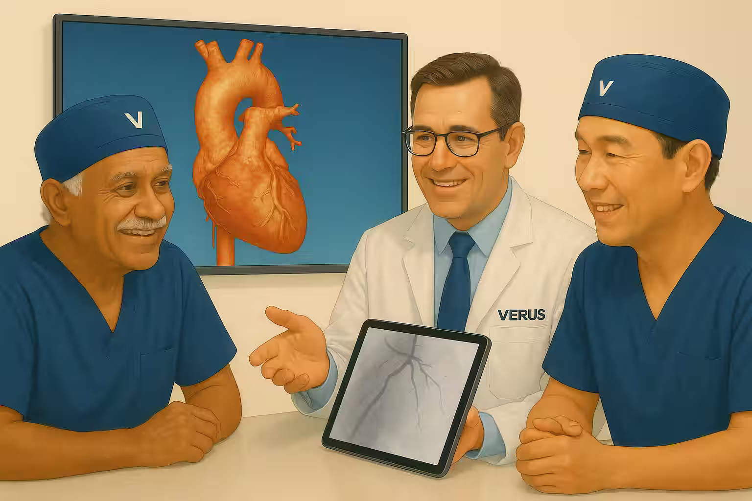 Cardiologist and heart surgeons discussing patient heart diagram.