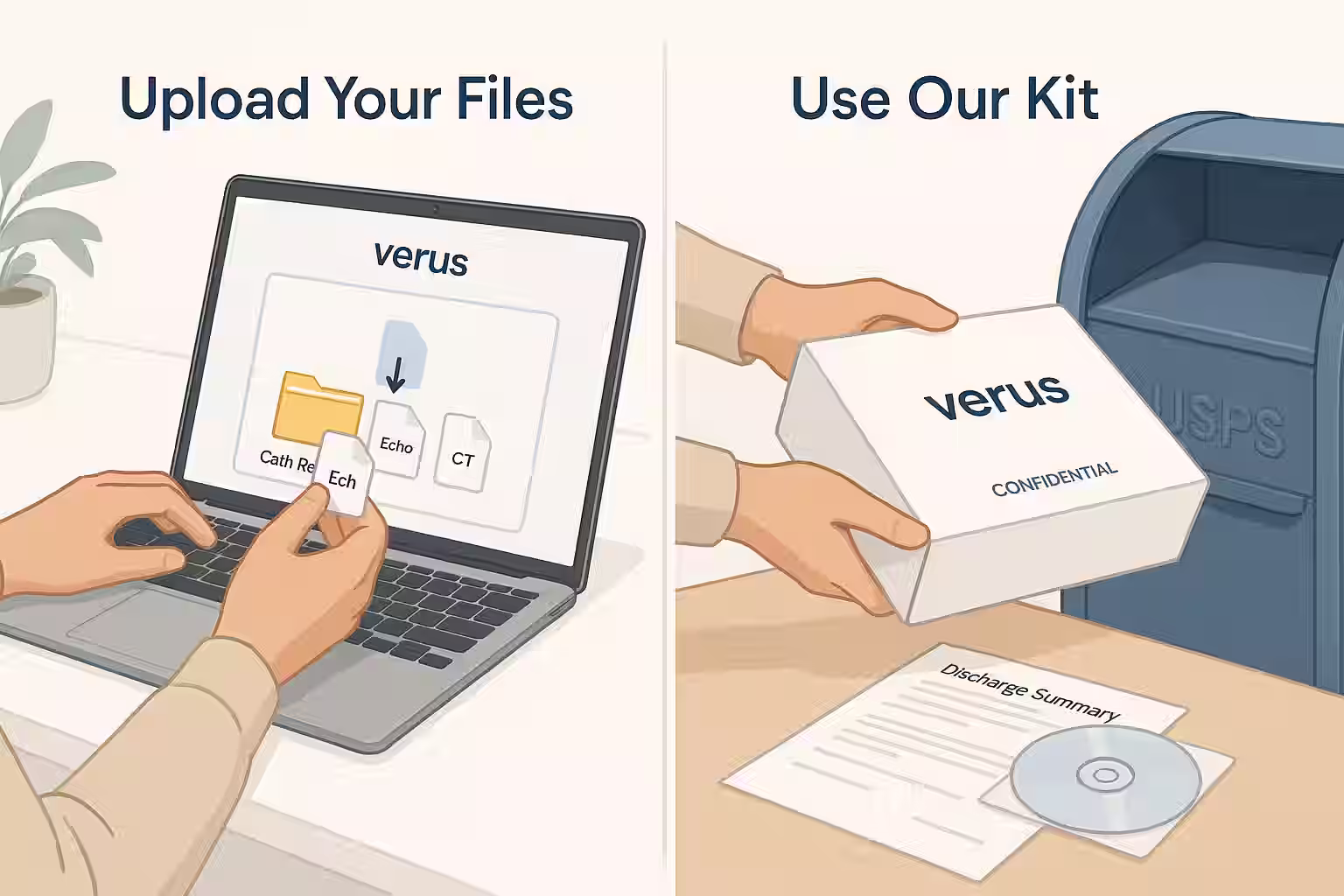 Split screen image: Left side of a persons (hands inview only) uploading files on a laptop. Right side of a person placing a mail in kit box inside a mailbox.