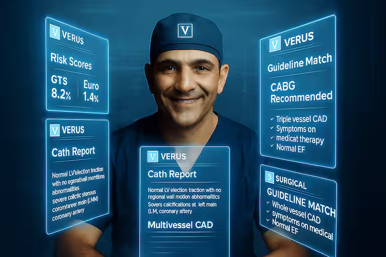 AI generated image of a cardiac surgeon in scrubs, with various medical reports flying out of the screen.