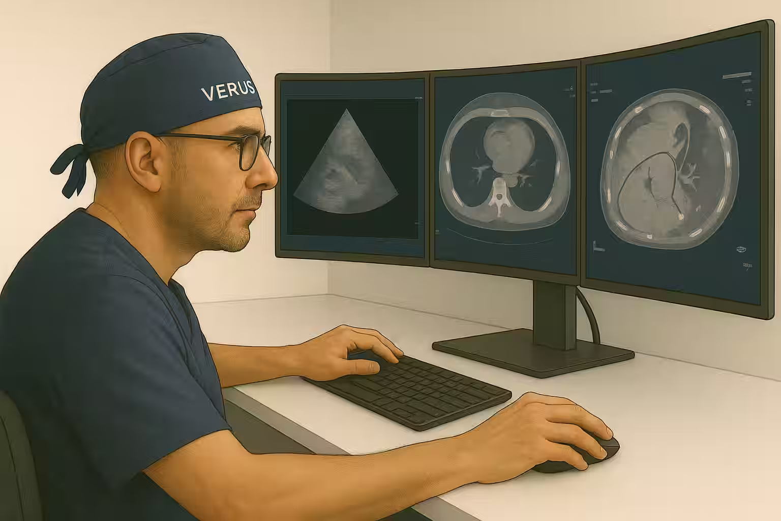 Heart surgeon reviewing patient STS Risk Report on widescreen desktop.
