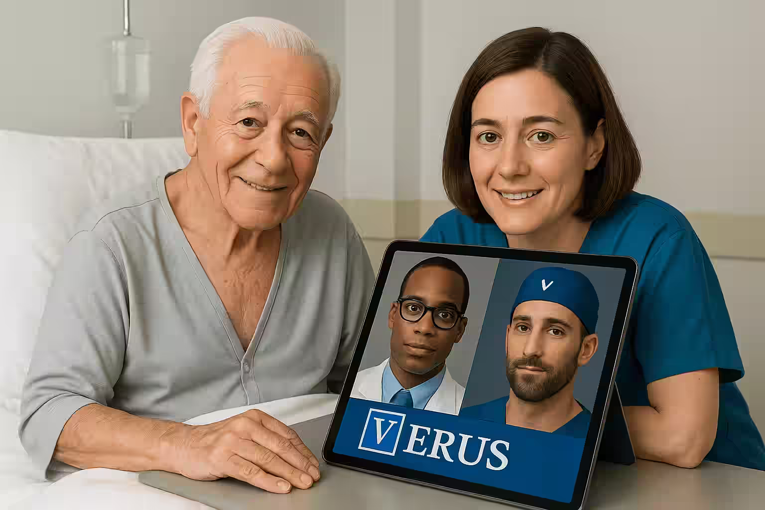 Elderly father with daughter in hospital, speaking with heart surgeon and cardiologist via tablet as they receive medical concierge services.