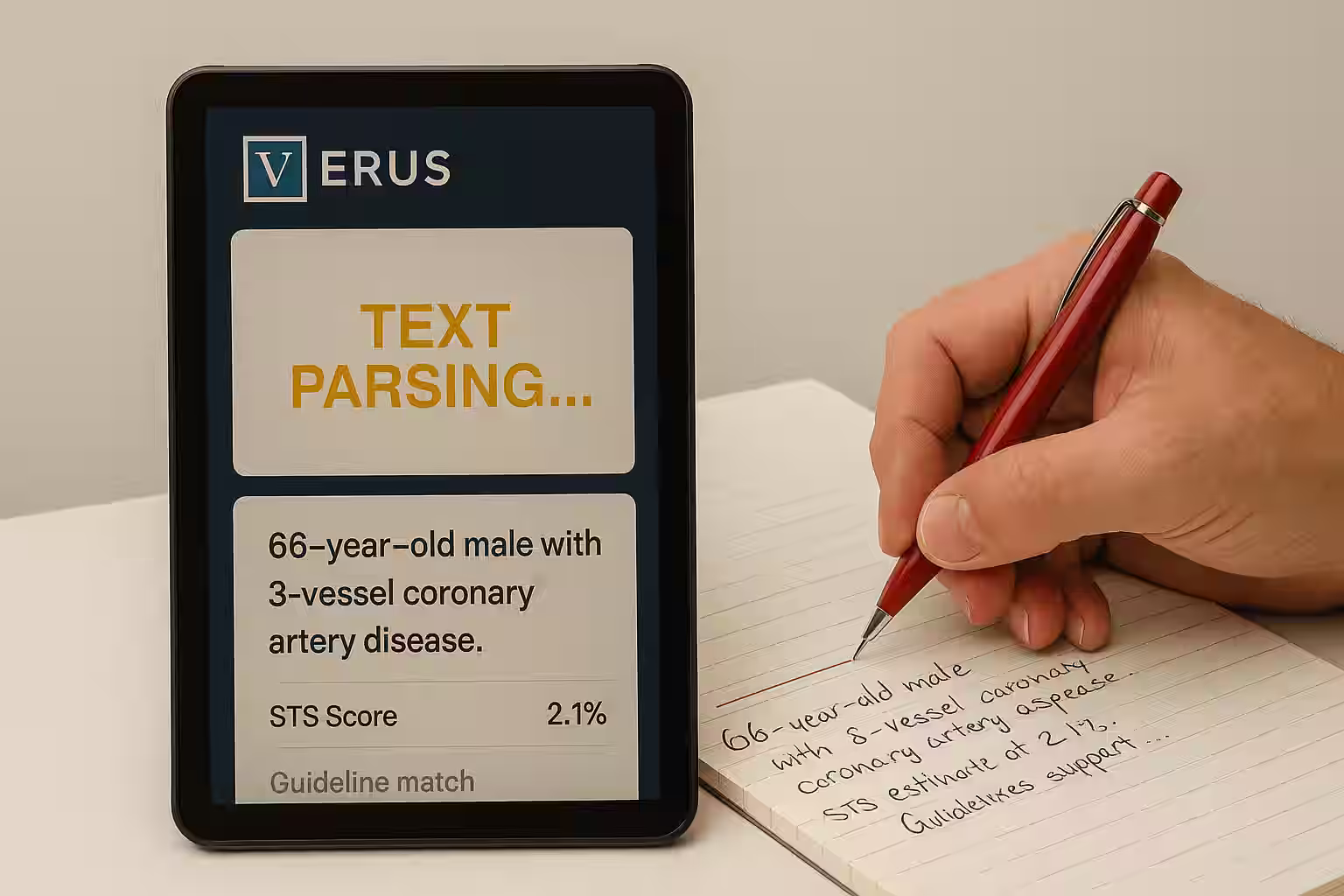 Image of cardiologist hand taking notes on notepad on heart surgery patient. Image of smart tablet device also shows notes.