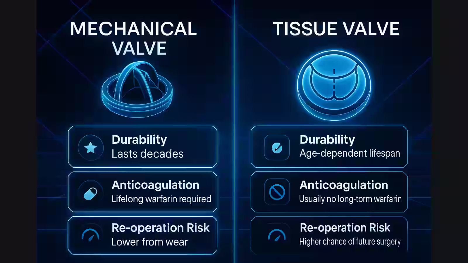 Side by side comparison chart of a heart mechanical valve and tissue valve.
