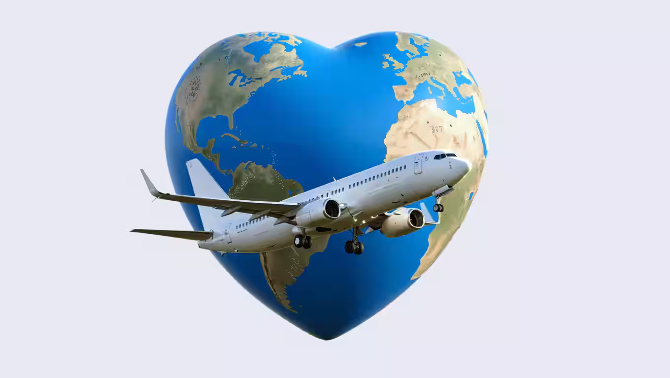 Airplane flying around a heart shaped earth.