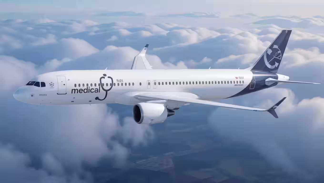 An airplane above the clouds, with a decal of stethoscope on the fuselage.
