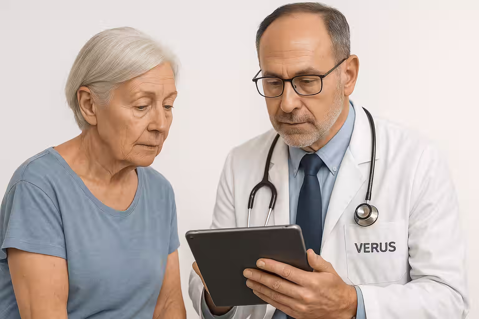 Heart surgeon explaining to an elderly female patient her STS score, from an iPad Air tablet.
