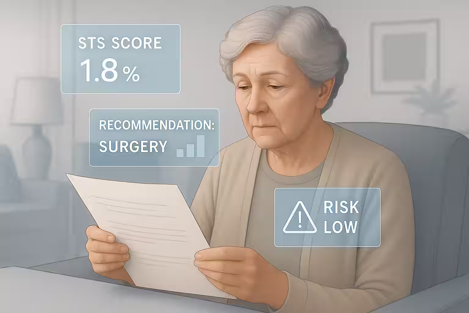 Elderly woman trying to understand her STS Risk Report
