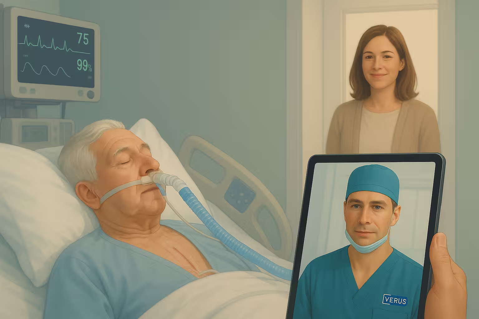 Heart surgery patient lying in hospital bed post surgery with daughter standing bedside.
