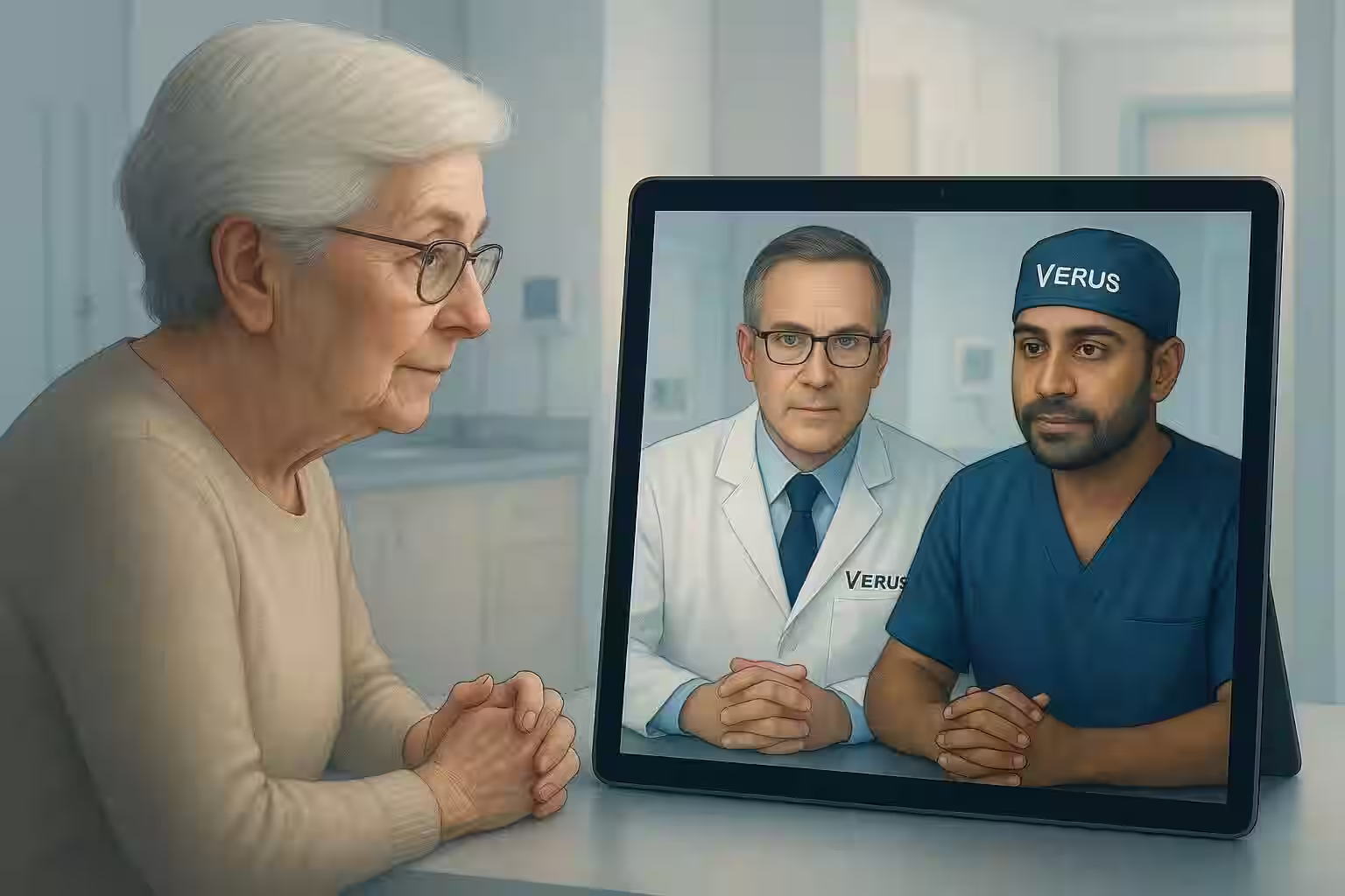 Elderly female cardiac patient receiving medical concierge second opinion.