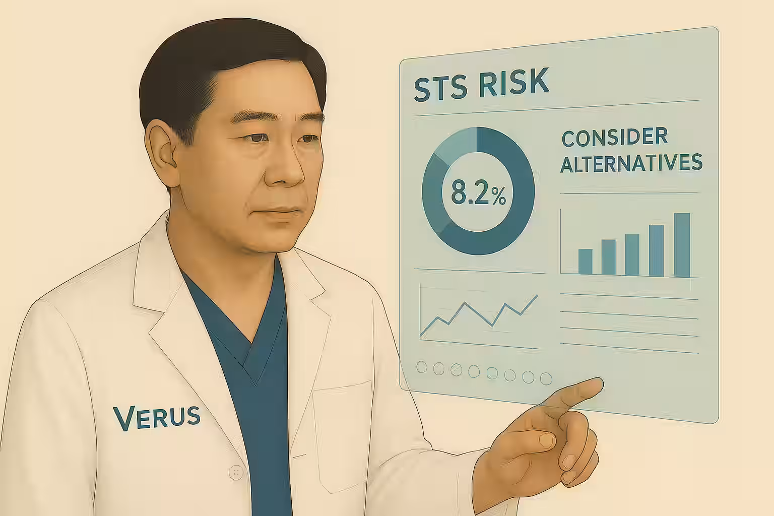 Cardiac Surgeon analysing an STS Risk Chart which is hovering as a holographic chart.