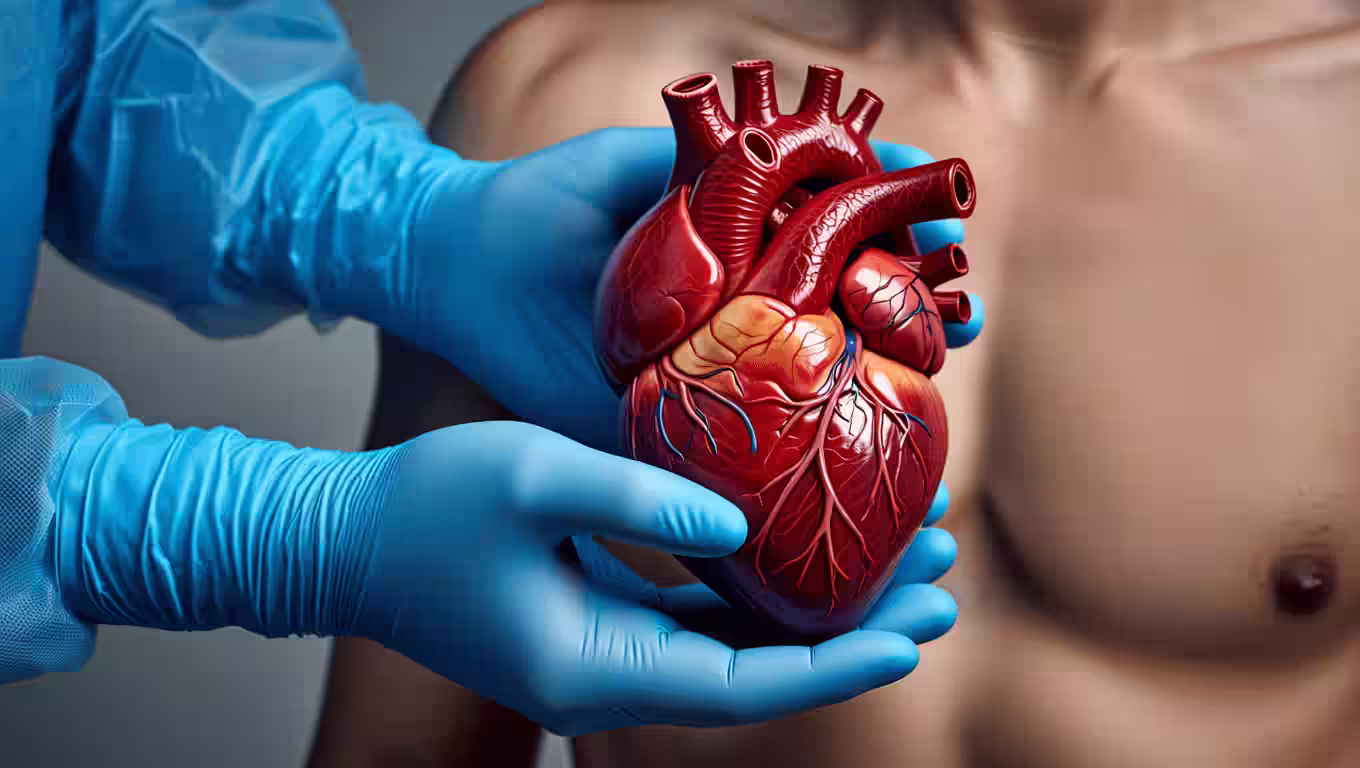 A close-up, 3D medical illustration of a  human heart, complete with visible arteries, veins, and chambers, held by two hands wearing blue nitrile medical gloves. The heart is positioned in front of a blurred, out male torso.