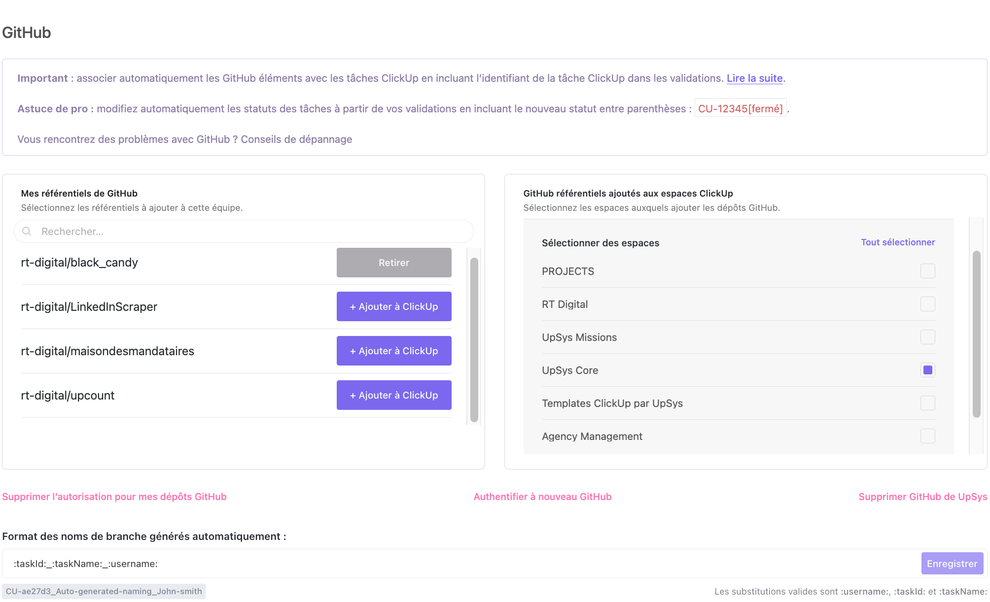Options d'intégration GitHub sur ClickUp