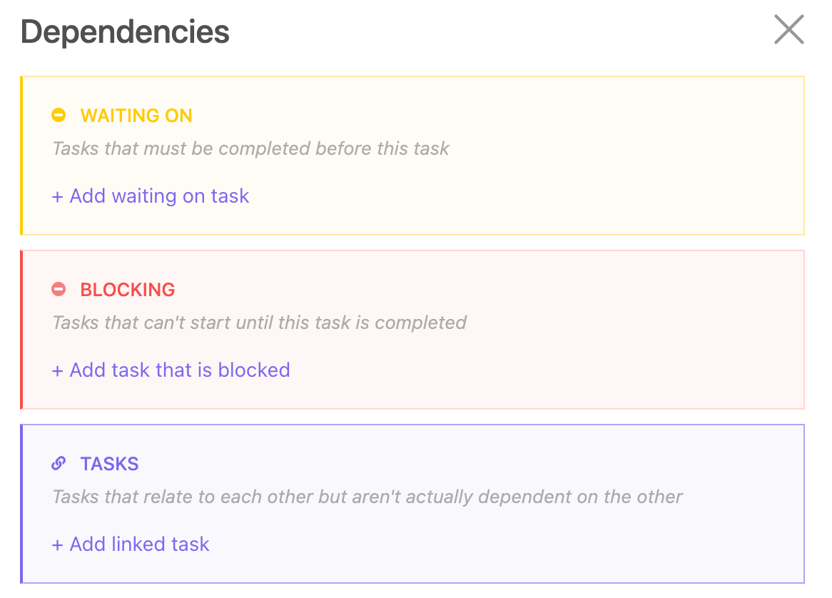 Dependencies relationship in Clickup