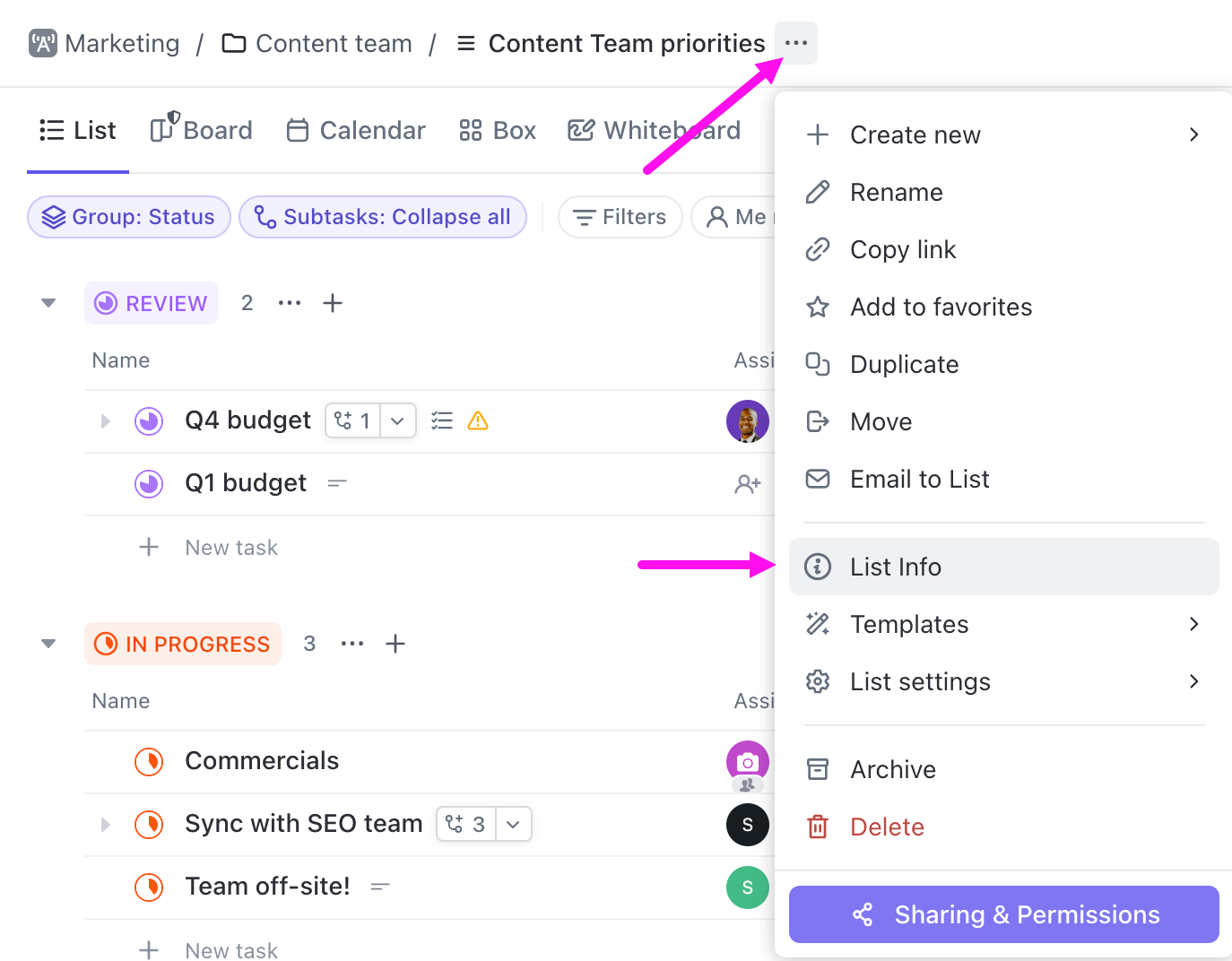 List settings in Clickup
