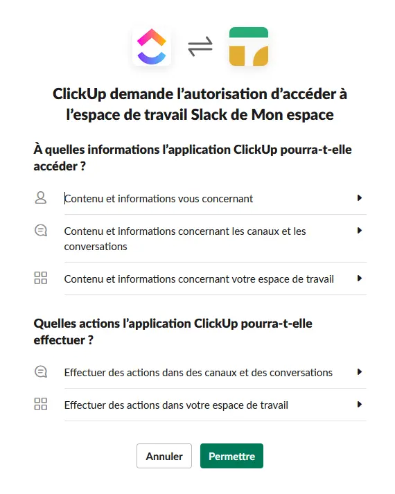 Demande d'autorisation d'accéder à un espace de travail Slack