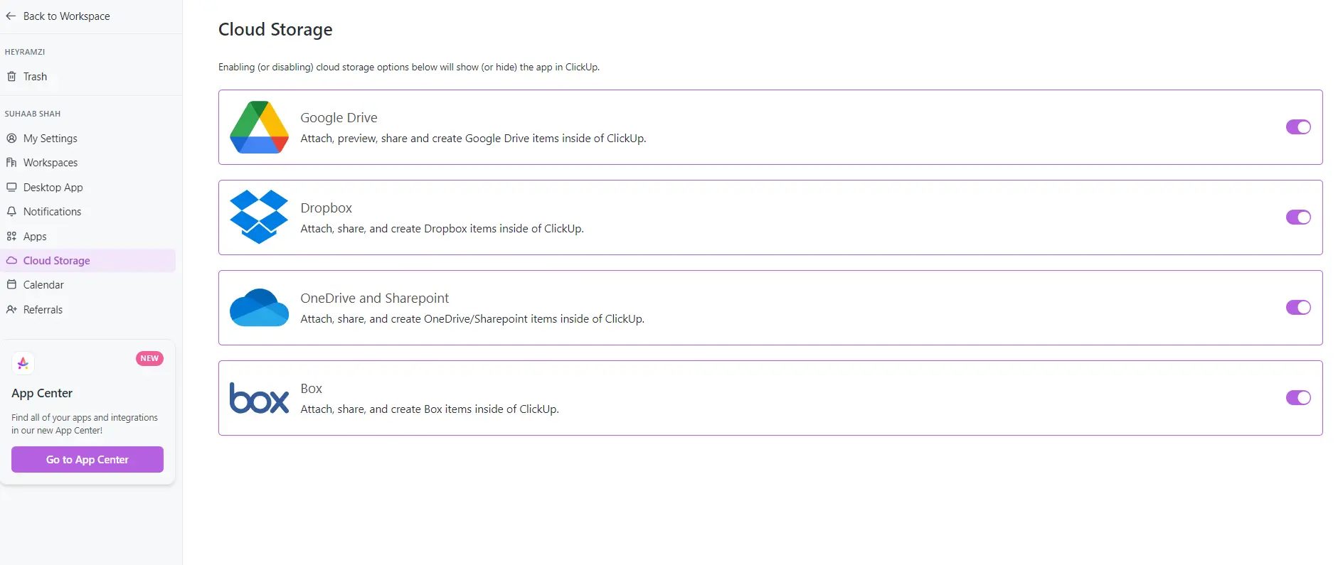 Cloud Storage Integration via Personal Settings