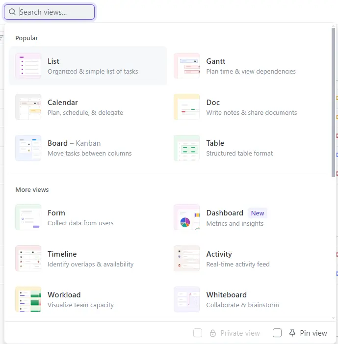 Different ClickUp views
