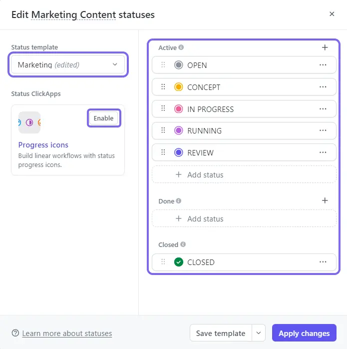 Setting p status workflow and enable Progress icons ClickApp