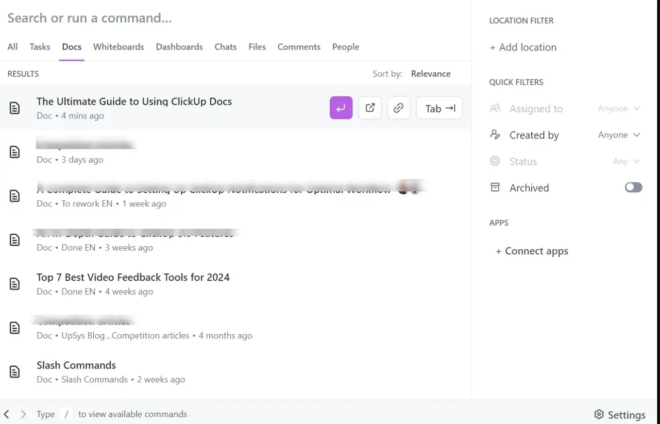 Search docs using command center