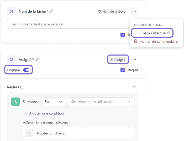 Personnalisation des paramètres d'un formulaire ClickUp avec les champs masqués et les logiques conditionnelles
