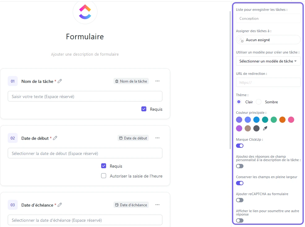 Personnalisation du design d'un formulaire ClickUp