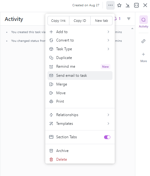 Add comments to a task from email