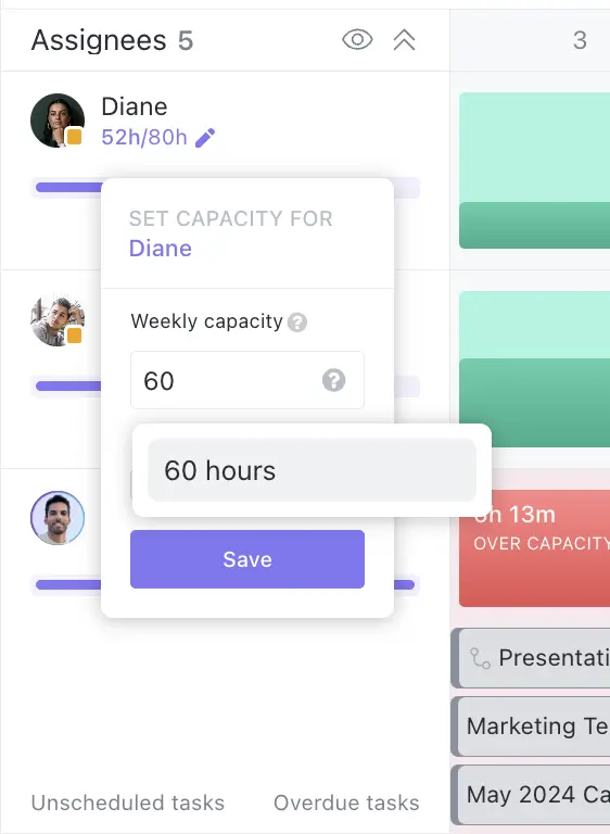 Setting capacity for assignees