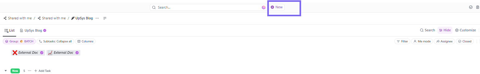 Create task from the Toolbar