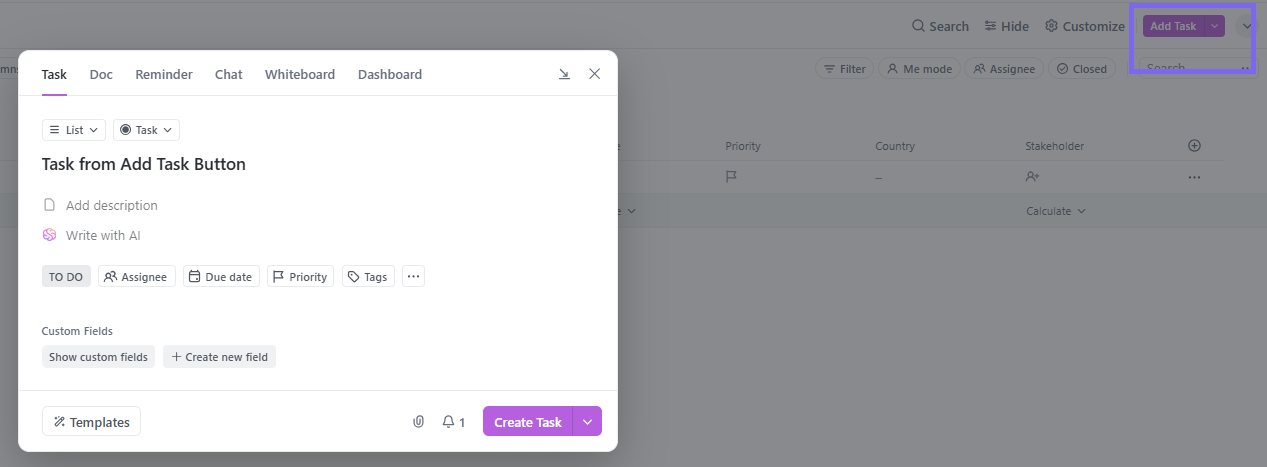 Create tasks using the Add Task button